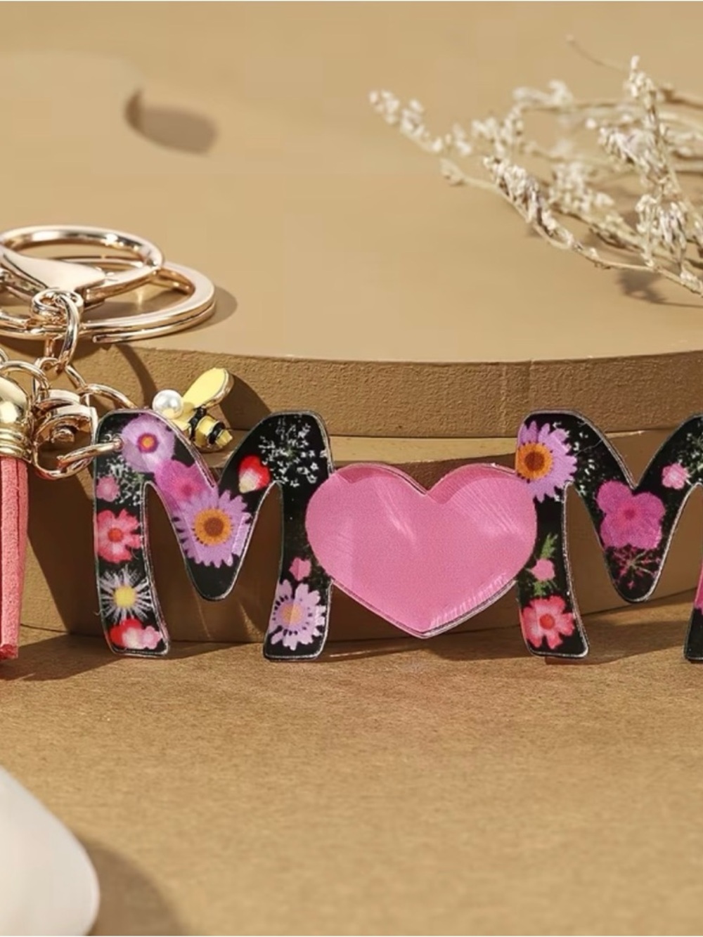 Floral 'M♥M' Pink Heart Keychain Charm
